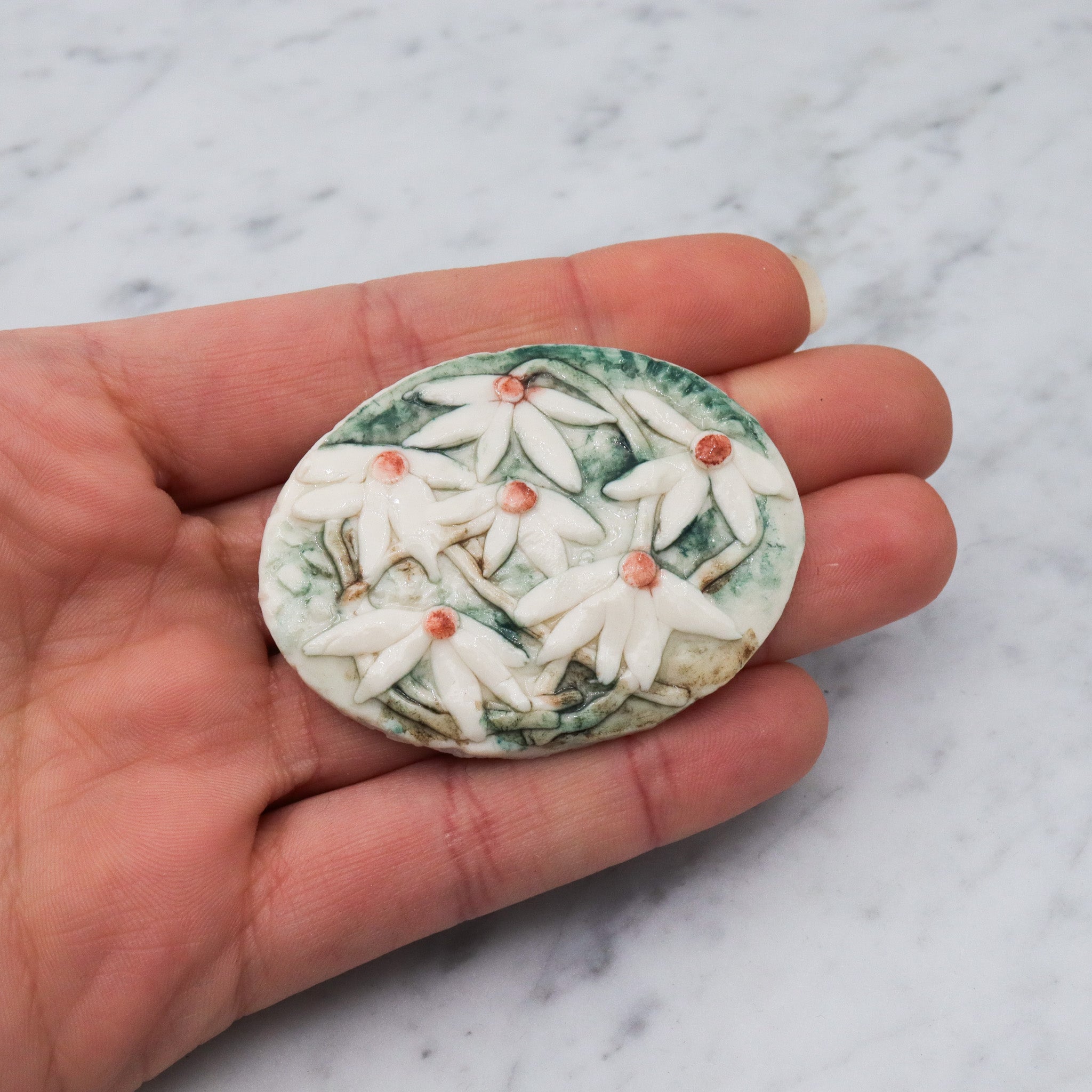 Vintage handmade porcelain white flower plaque brooch